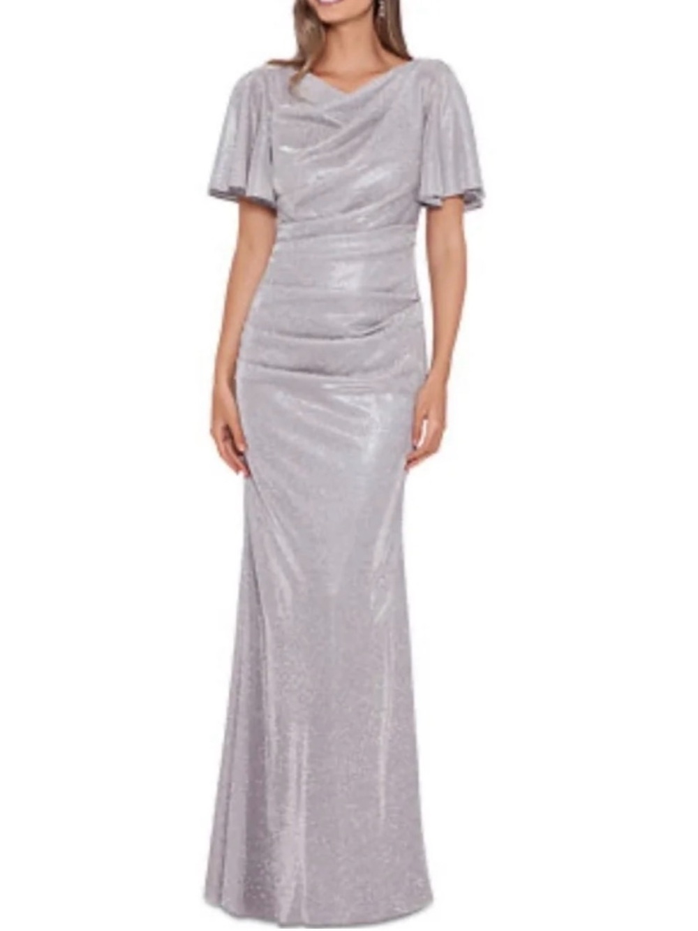 Betsy & Adam Metallic Flutter Sleeve Ruched Gown Size 6 NWT